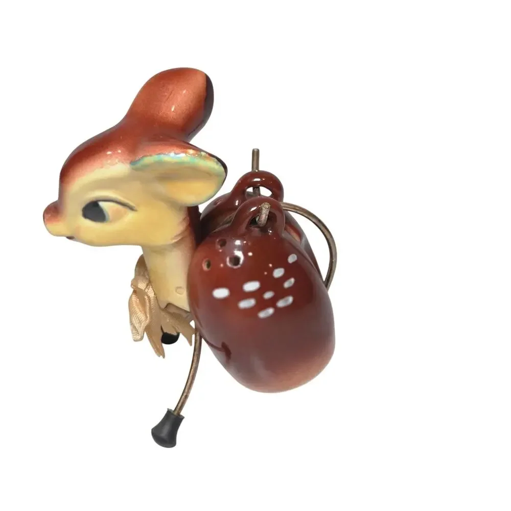 RARE Vintage 1950s Japan Bambi Fawn Salt Pepper Shakers Wire Caddy MCM Kitsch